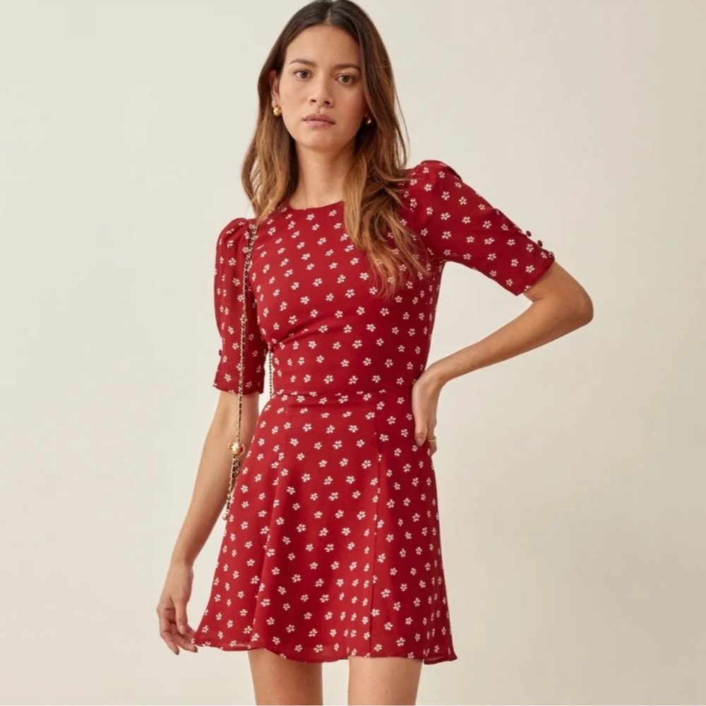 Reformation Rerd Mini Dress with White Floral Print and Puff Sleeves